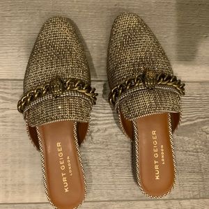 Kurt Geiger London Mules, “Chelsea Rhinestone Fabric Chain Eagle Emblem”, Sz 38